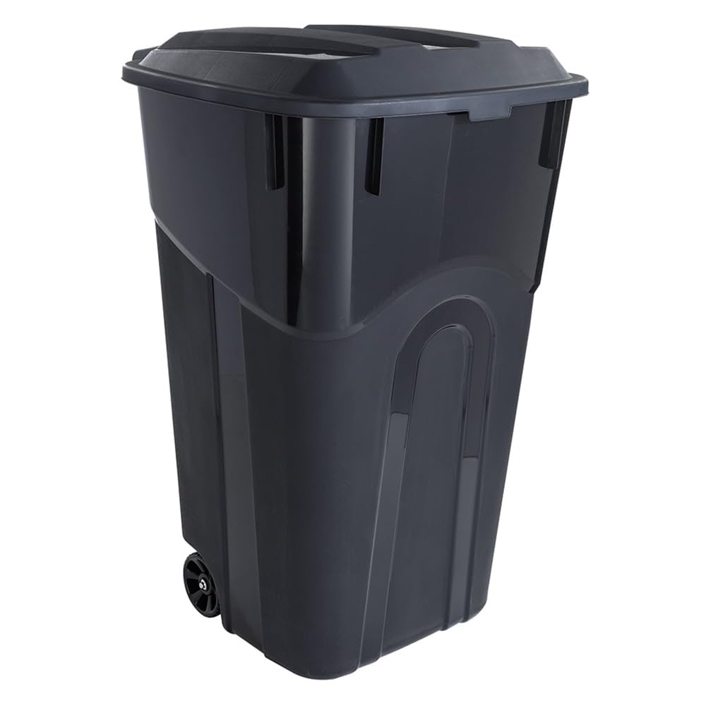 32 Gallon Black Plastic Garbage Can with Attached Lid A452288