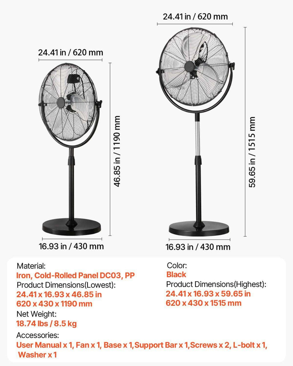 20 Inch 3 Speed Adjustable Height Pedestal Fan N96394