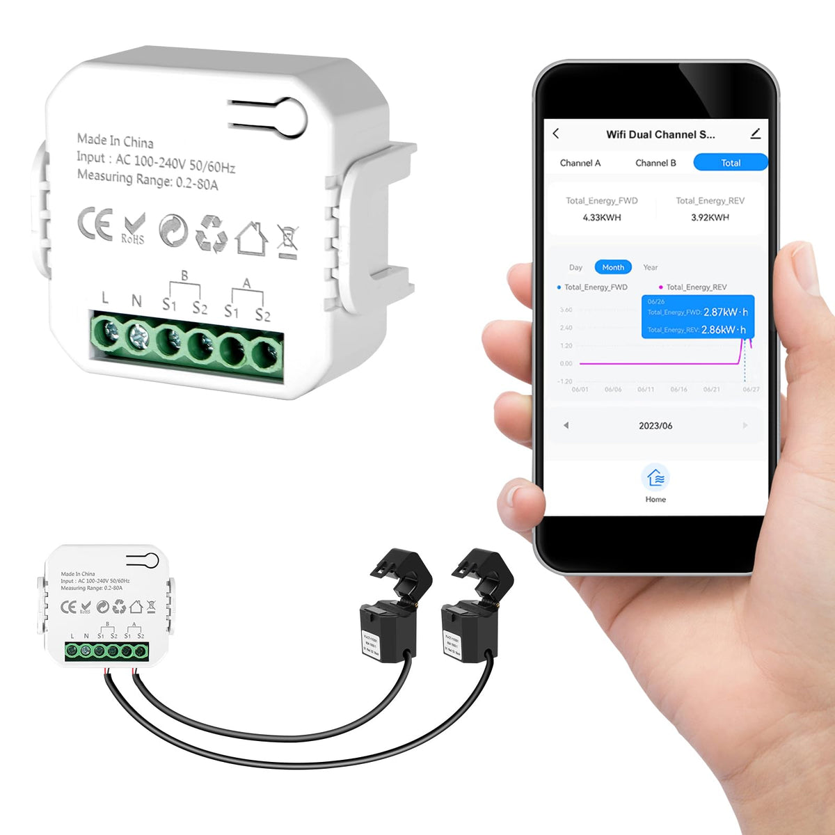Smart Home Energy Monitor 2×80A Dual-Channel WiFi Energy Meter with App Control D7750