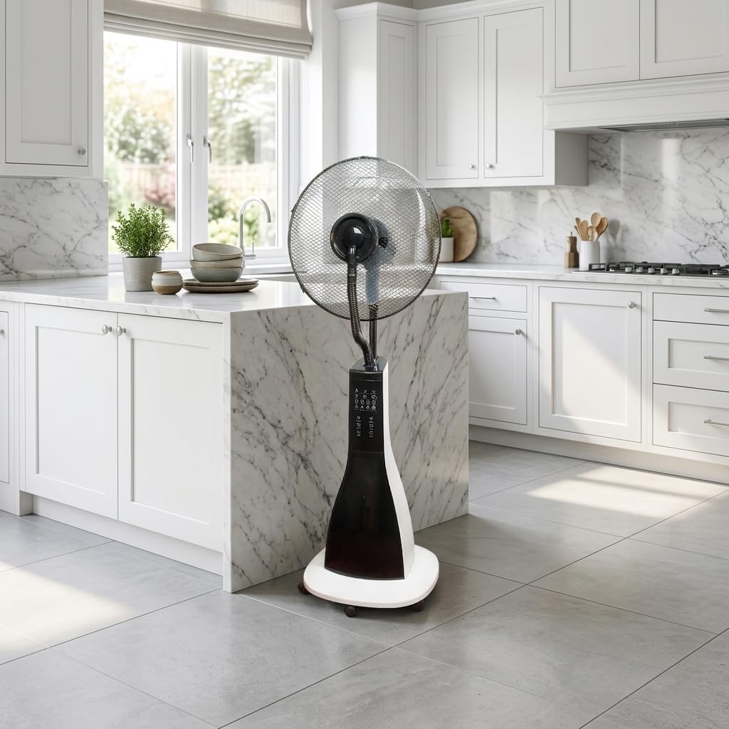 47" Misting Oscillating Pedestal Fan with Water Tank, Remote, Timer, 3 Speeds, Black White H42716
