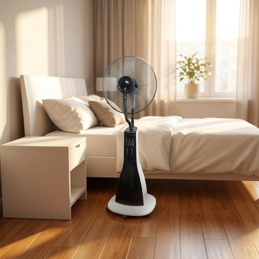 47" Misting Oscillating Pedestal Fan with Water Tank, Remote, Timer, 3 Speeds, Black White H42716