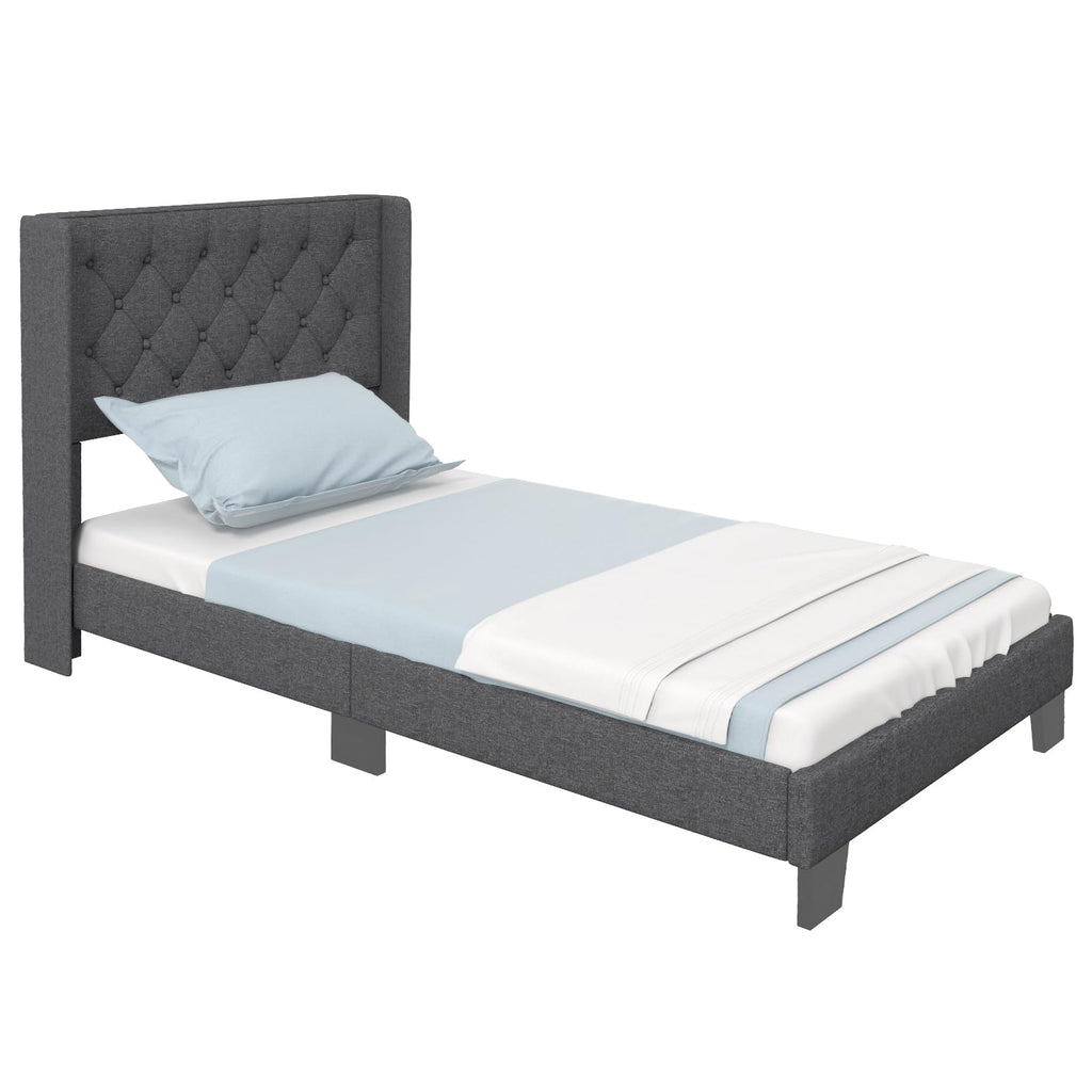 Twin Fabric Upholstered Platform Bed with Wingback Button Tufted Headboard P388