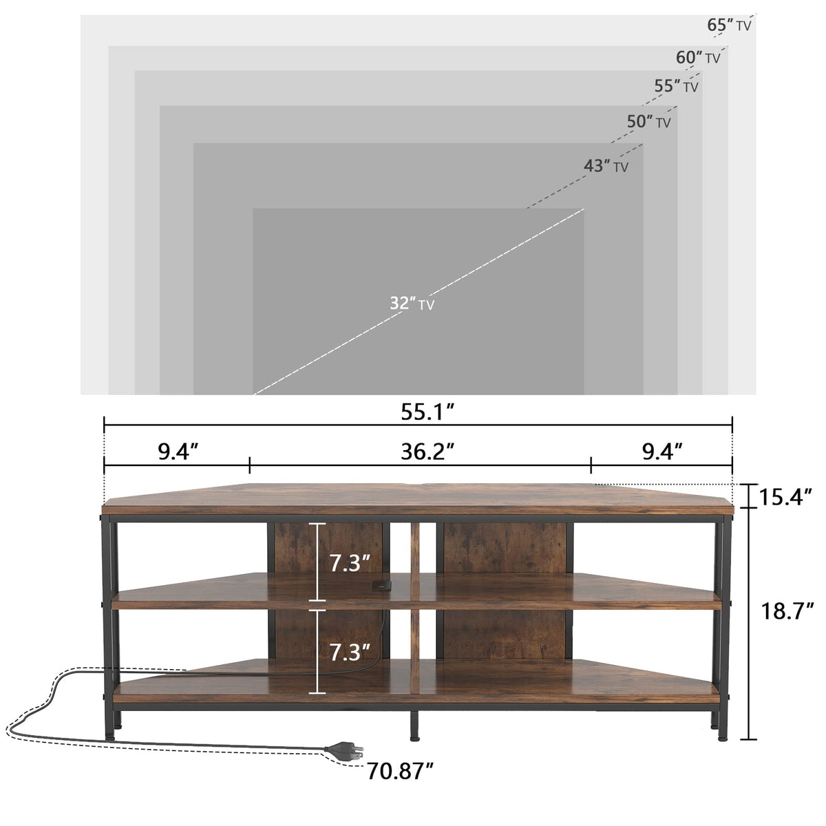 Corner TV Stand with Power Outlet, 55 Inch Rustic Brown A35412