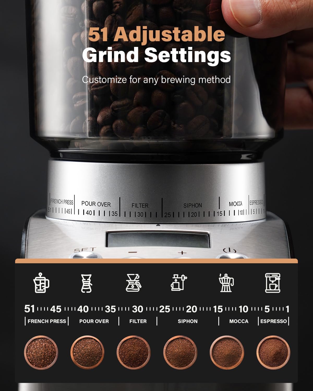 Electric Conical Burr Coffee Grinder with 51 Grind Settings J906757