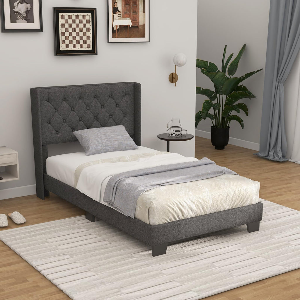Twin Fabric Upholstered Platform Bed with Wingback Button Tufted Headboard P388