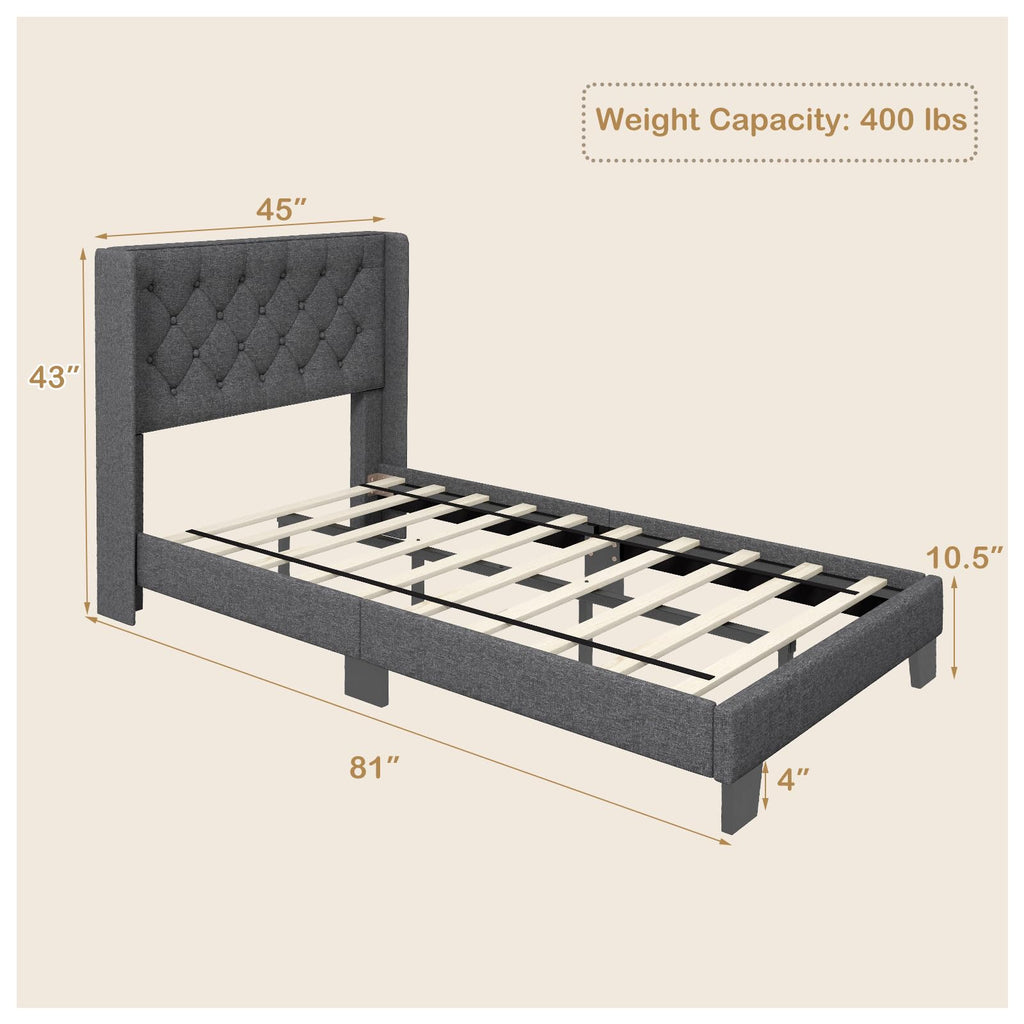Twin Fabric Upholstered Platform Bed with Wingback Button Tufted Headboard P388