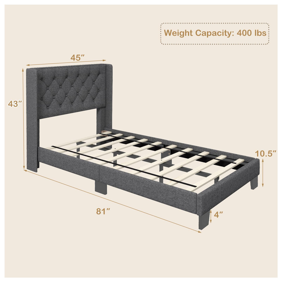 Twin Fabric Upholstered Platform Bed with Wingback Button Tufted Headboard P388