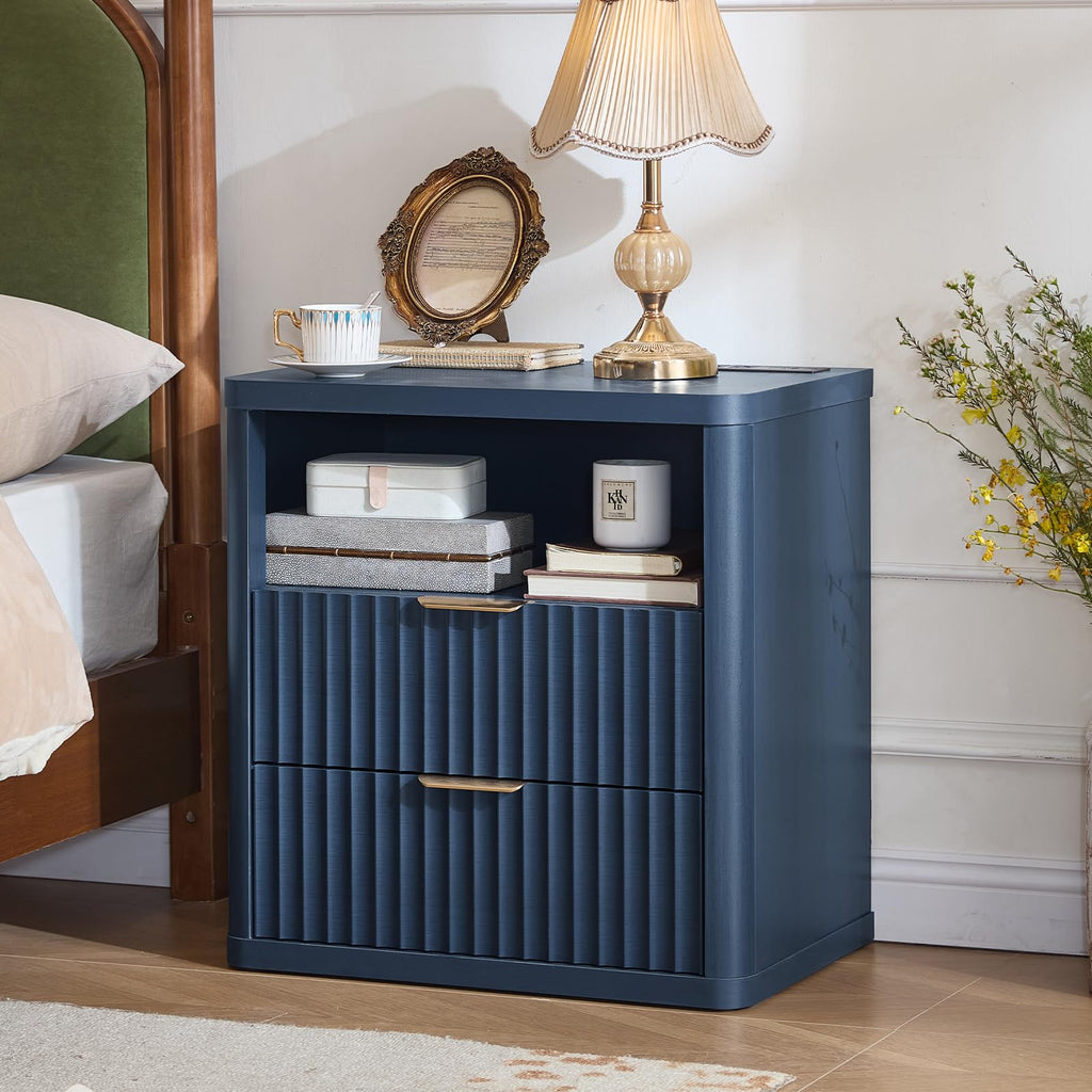 Blue 2 Drawer Fluted Nightstand with Charging Station T28449