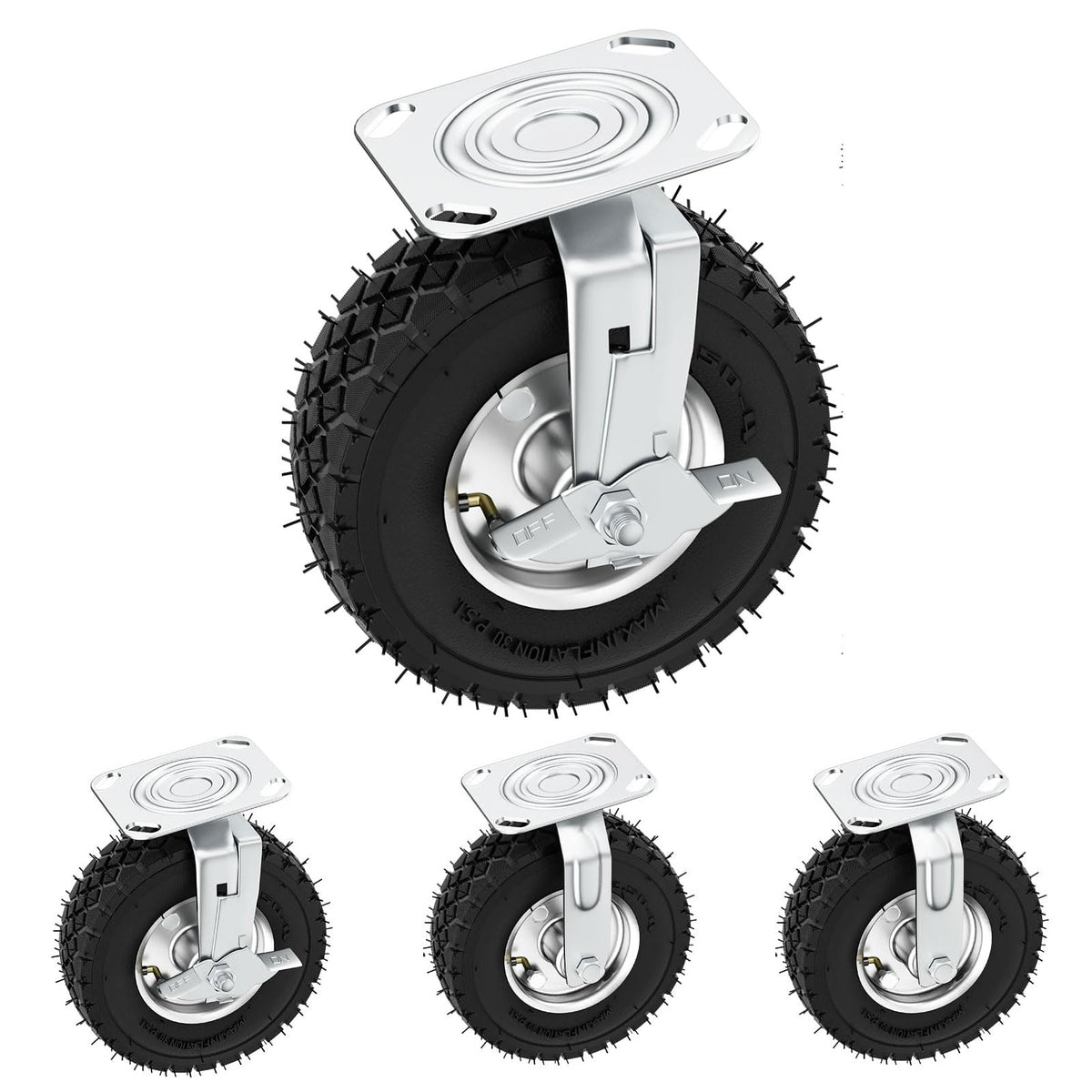 8 Inch Heavy Duty Pneumatic Caster Wheels with Brake, 1000 lbs Capacity, Set of 4 Q773320