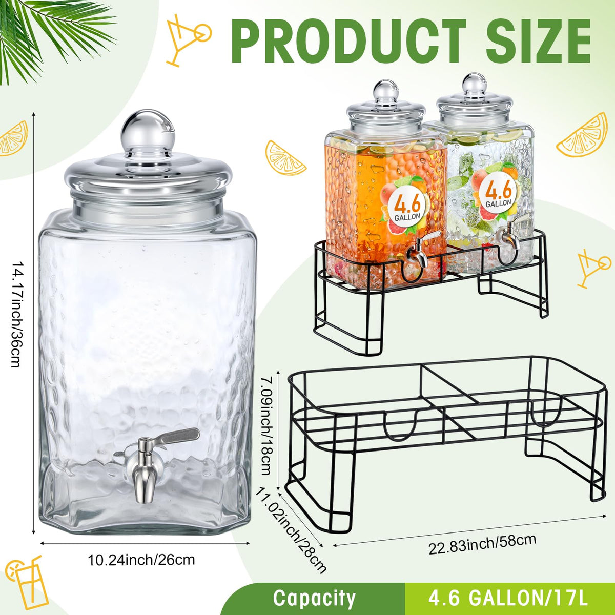 4.6 Gallon Glass Beverage Dispenser with Stand Stainless Steel Spigot 2 Pack E239205