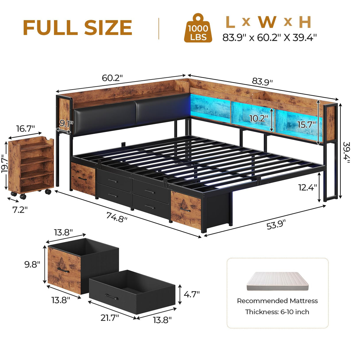 14 Inch Full Size Metal Platform Bed with 6 Drawers N5367