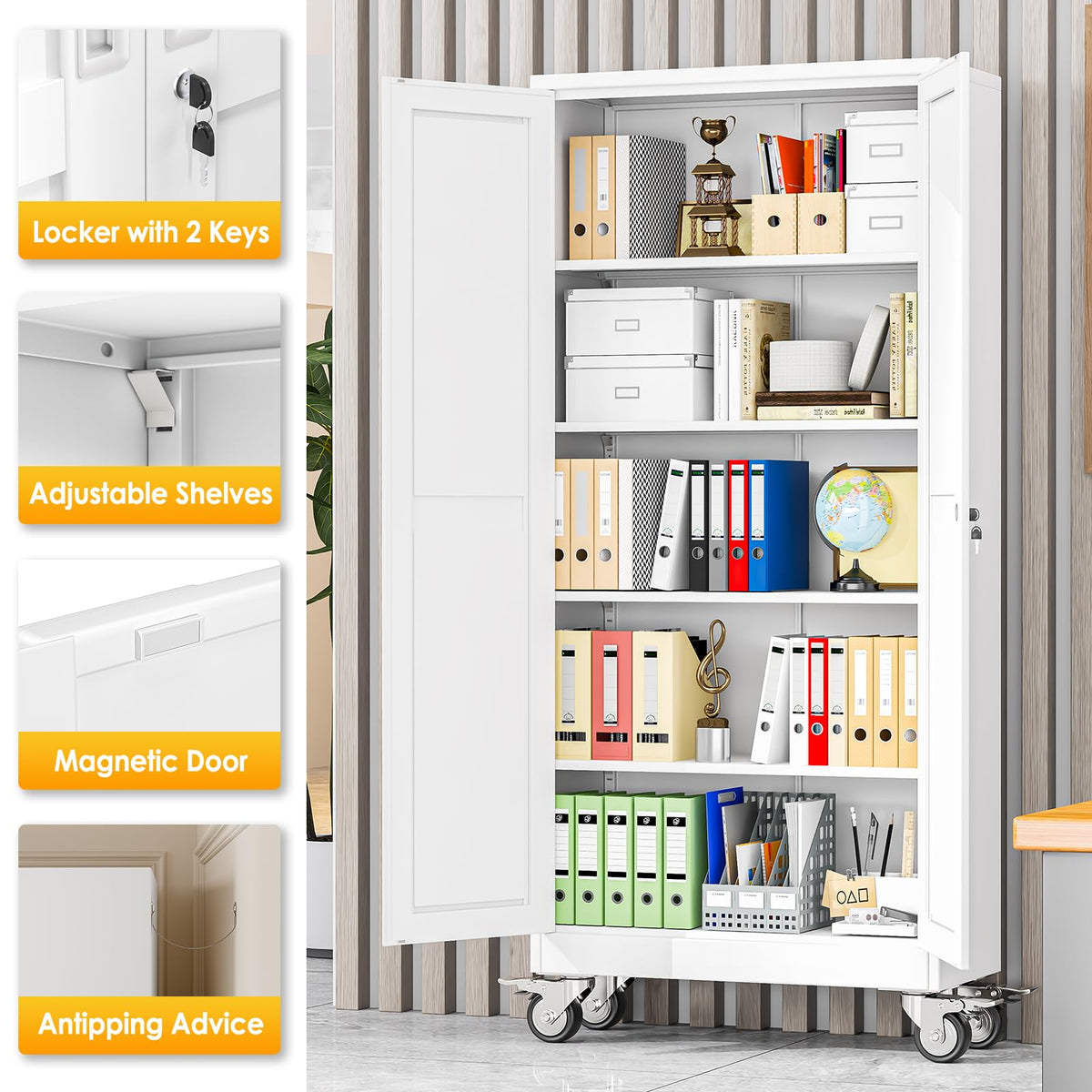 71''H White Metal Storage Cabinet with Wheels U3648