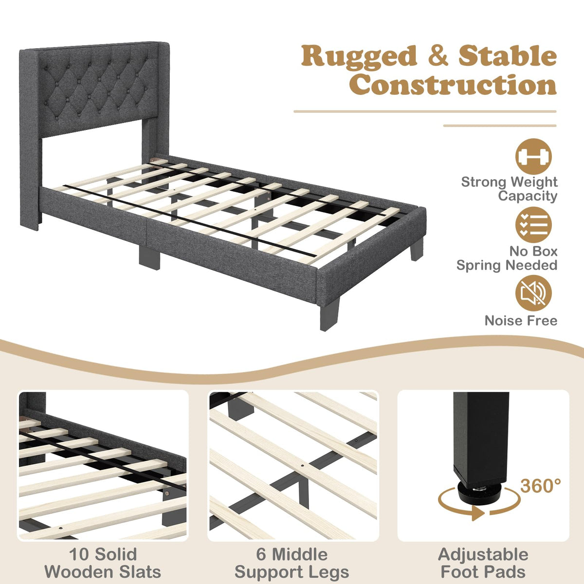 Twin Fabric Upholstered Platform Bed with Wingback Button Tufted Headboard P388