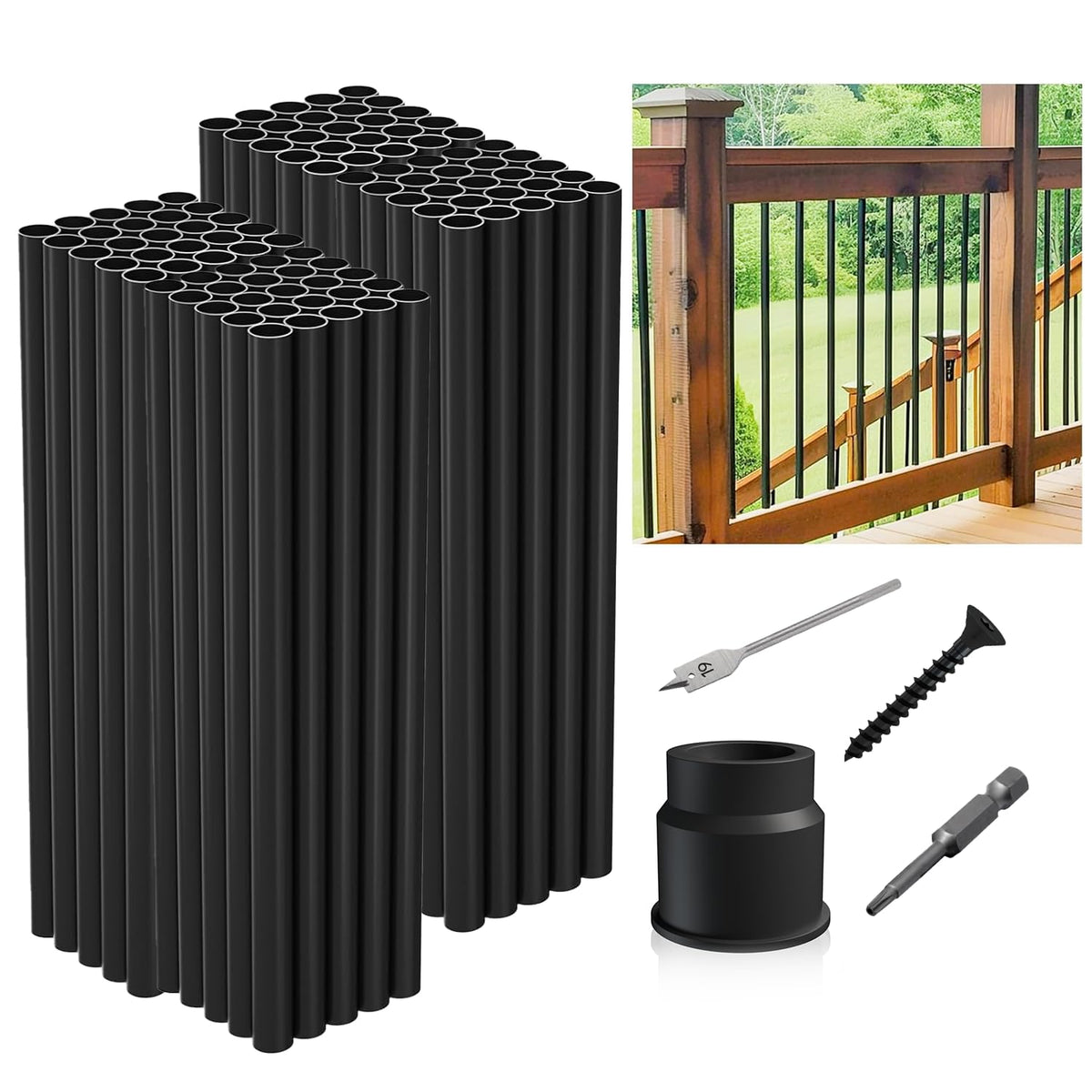 32"-100Pack Aluminum Deck Balusters Hollow Round Deck Railing Spindles Matte Coated Black L5470