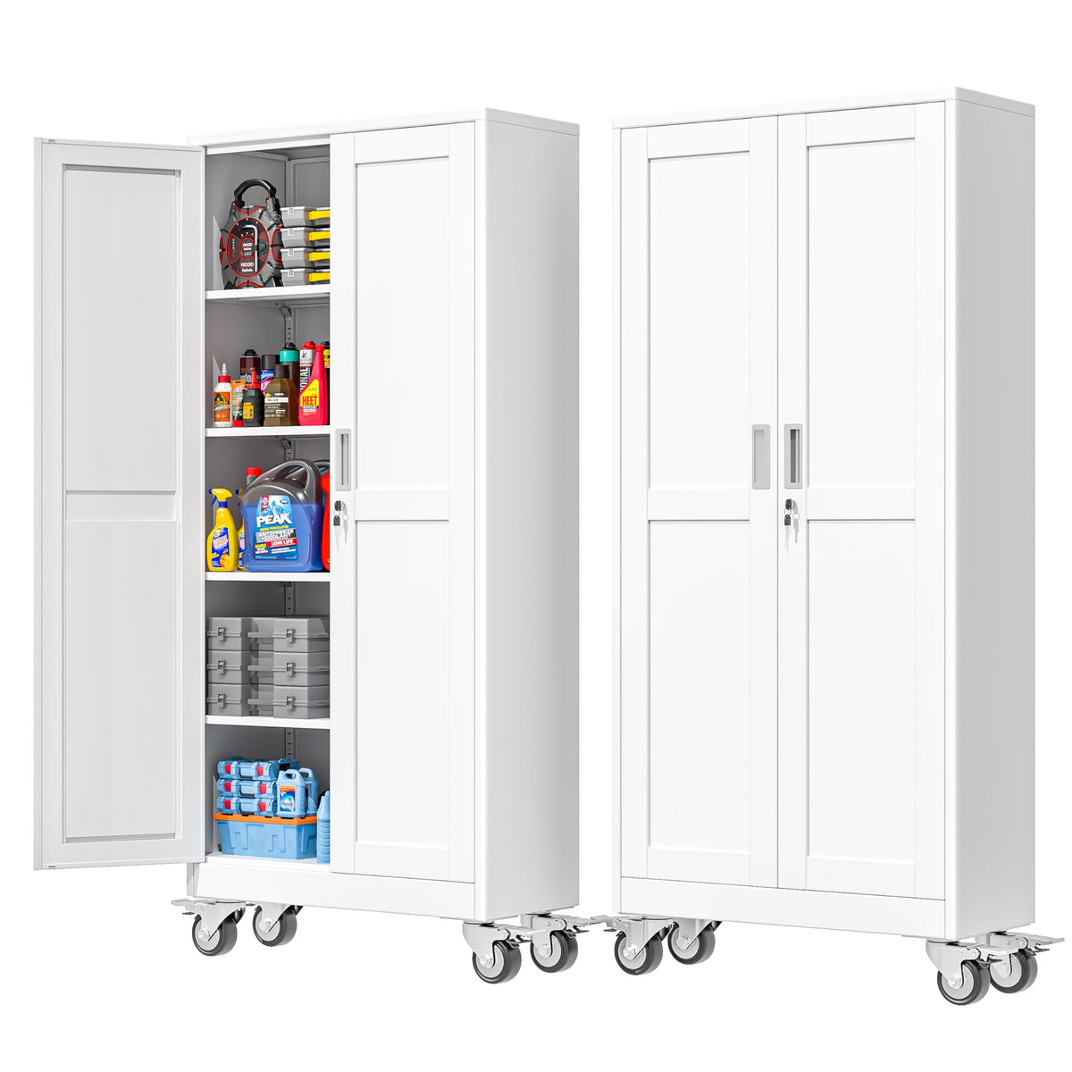 71''H White Metal Storage Cabinet with Wheels U3648