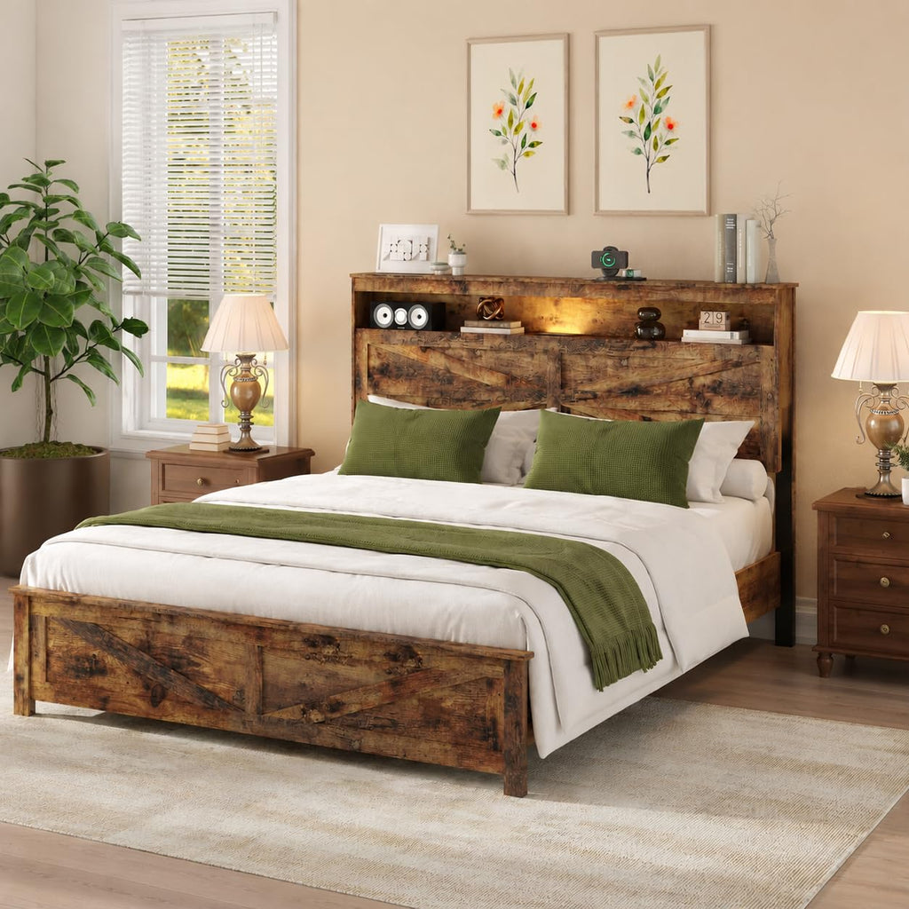 King Size Wood Platform Bed Frame with Headboard Storage Shelf P954914