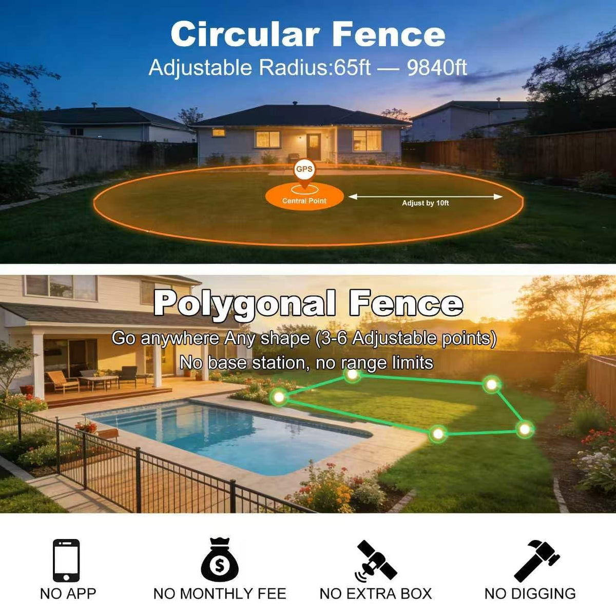 Wireless GPS Dog Fence Collar, 65–9,840 ft Radius, IPX7 Waterproof J13642