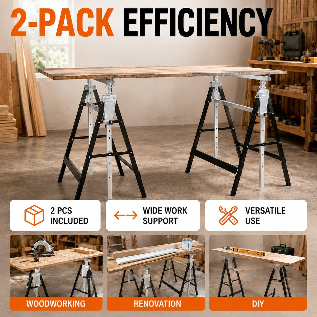 2 Pack Height Adjustable Folding Saw Horses E876
