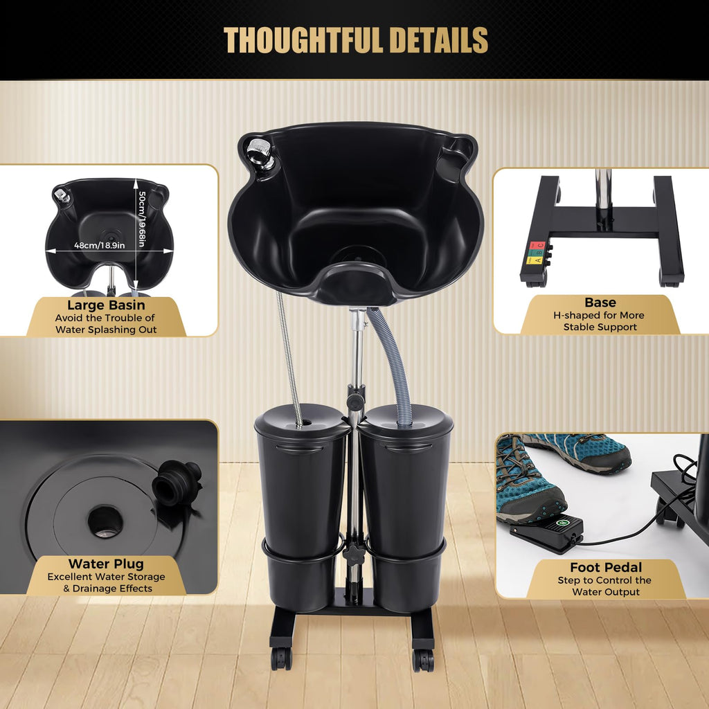 Portable Plastic Shampoo Basin with 2 Water Buckets and Wheels H250914
