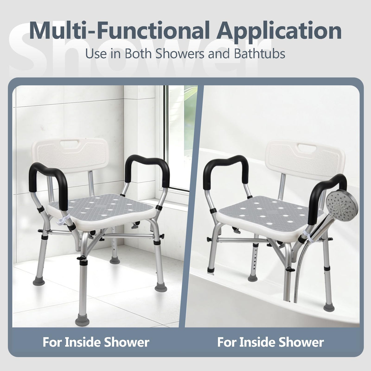Adjustable Shower Chair with Arms & Back, 550 lb, Gray Q605