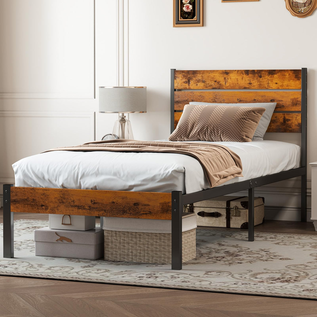 Twin Platform Bed Frame with Wooden Headboard and Footboard K68995