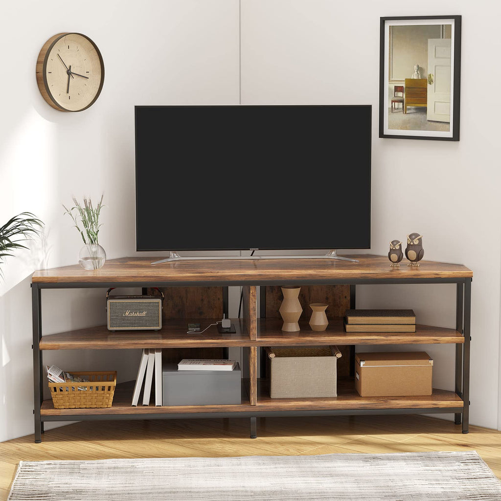 Corner TV Stand with Power Outlet, 55 Inch Rustic Brown A35412