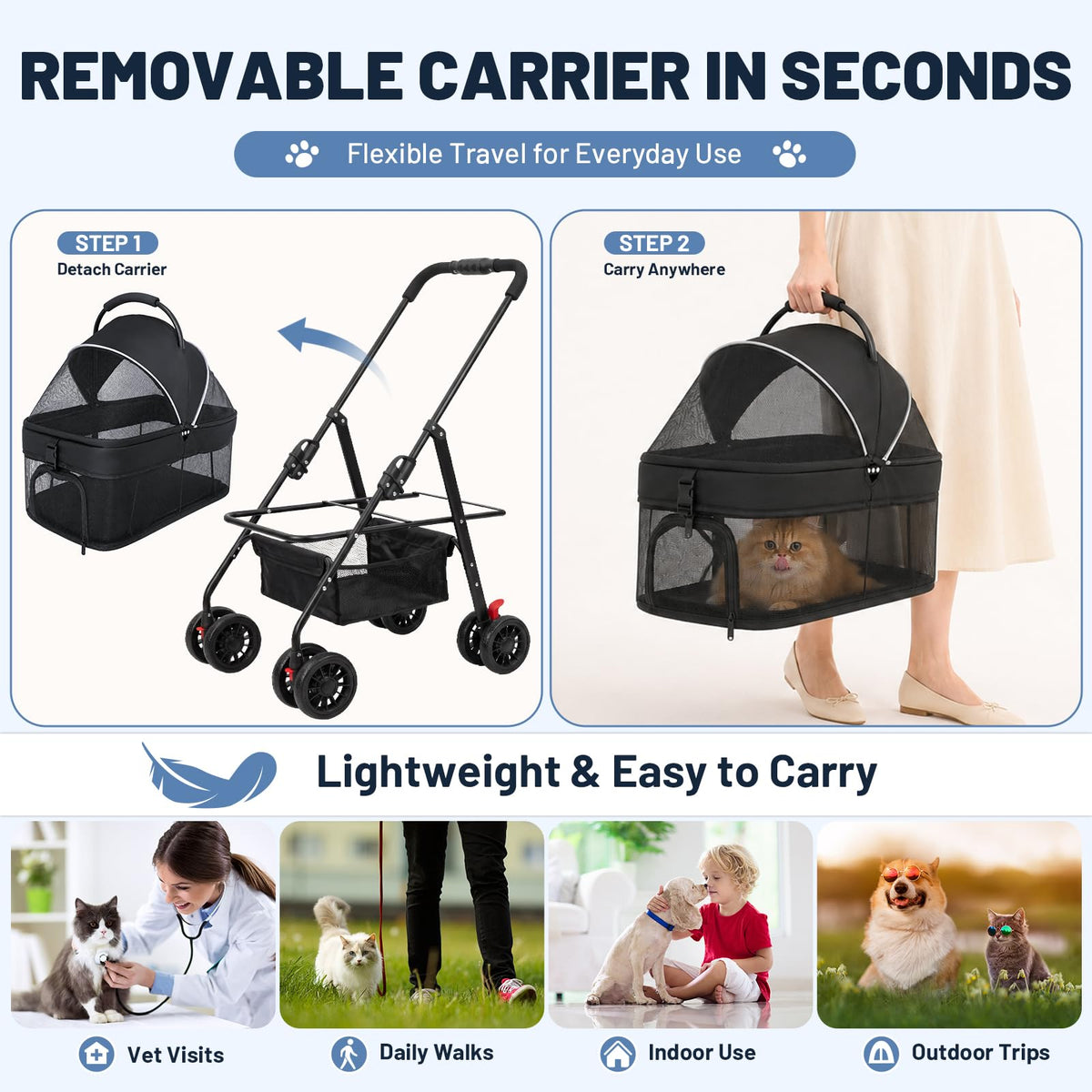 Foldable Pet Stroller with Detachable Carrier U901943