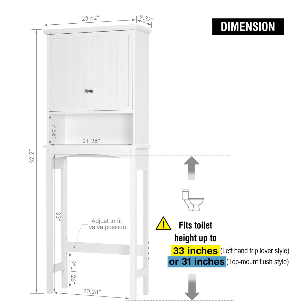Over the Toilet Storage Cabinet with Doors, Adjustable Shelf, White O12204