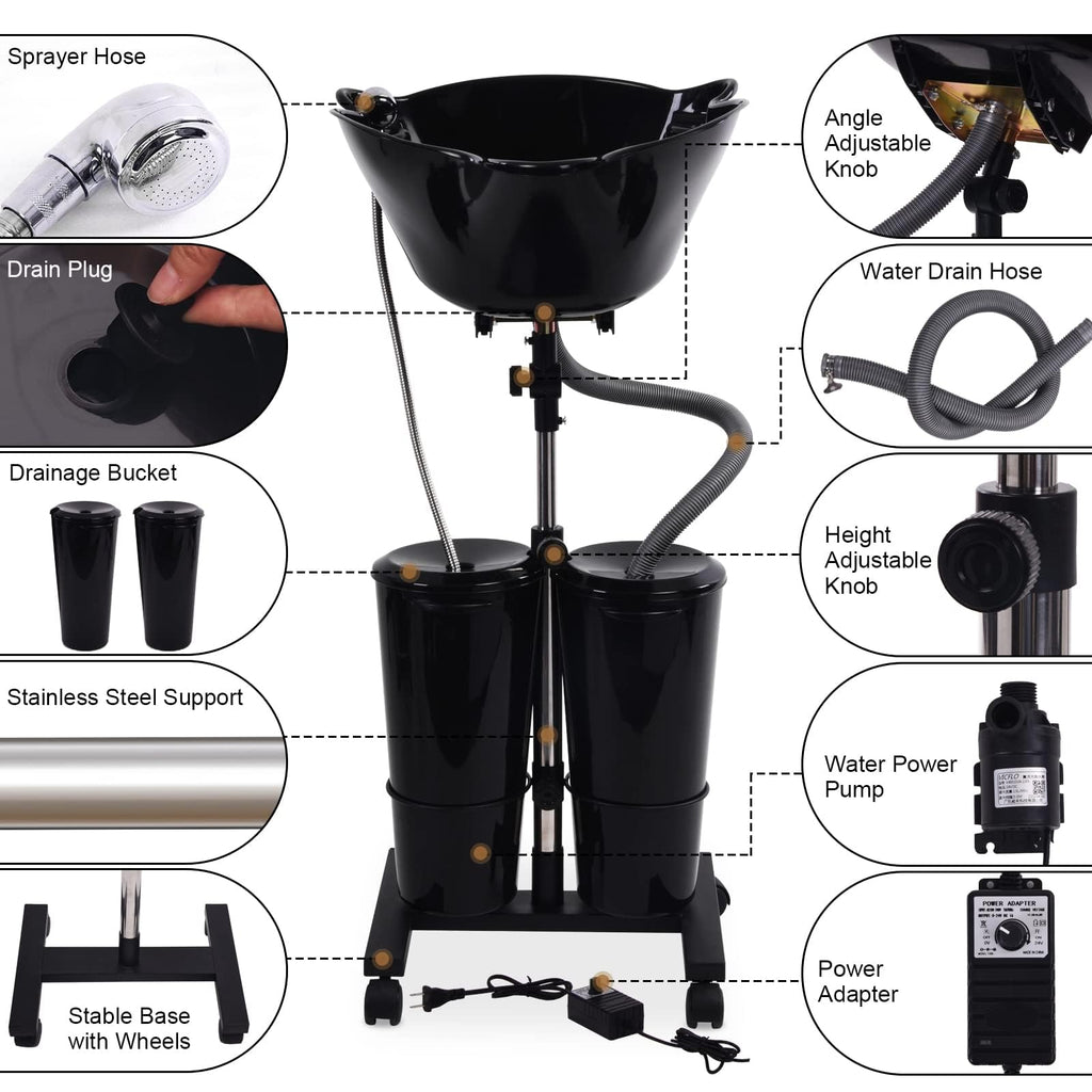 Portable Shampoo Bowl with Electric Pump and 2 Water Tanks, Height and Angle Adjustable Black C3117