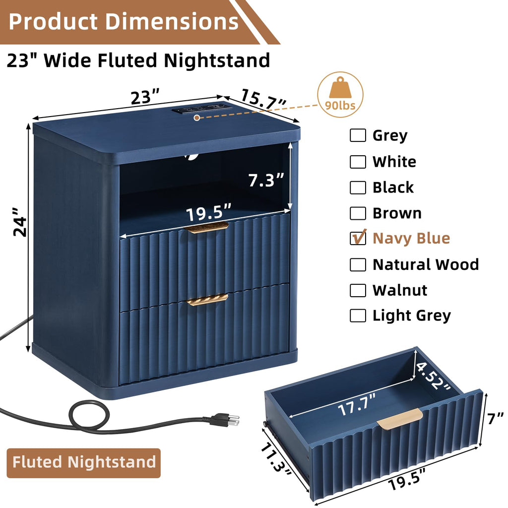 Blue 2 Drawer Fluted Nightstand with Charging Station T28449