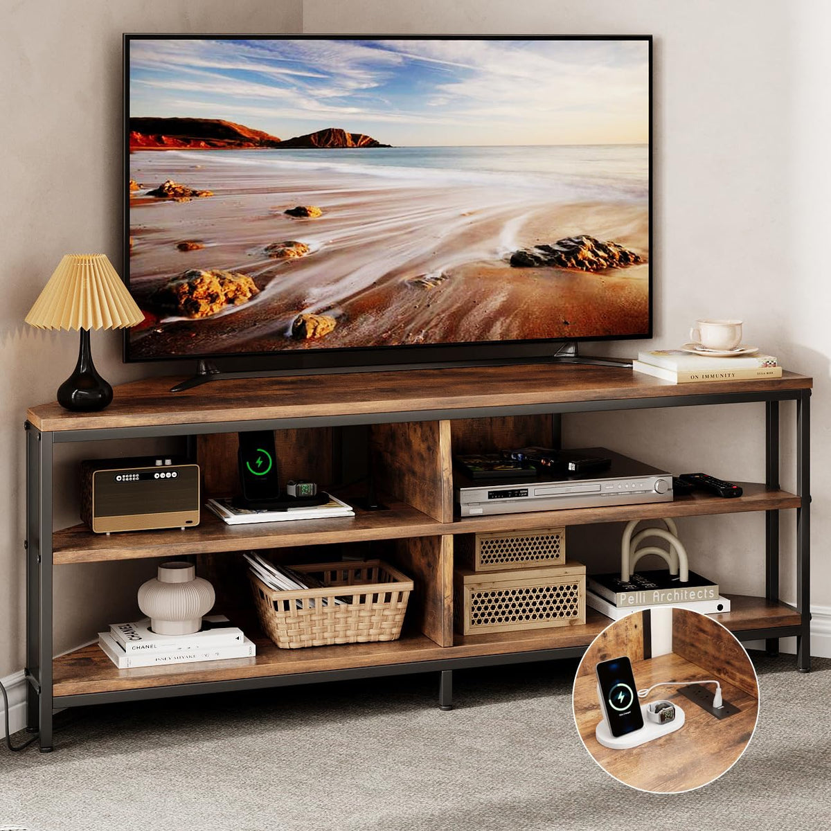 Corner TV Stand with Power Outlet, 55 Inch Rustic Brown A35412