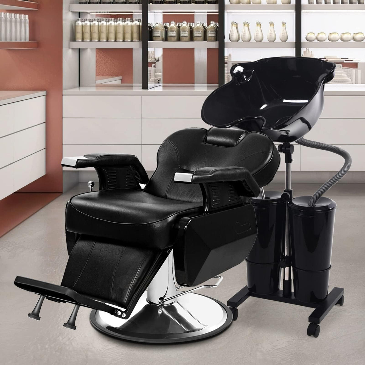 Portable Shampoo Bowl with Electric Pump and 2 Water Tanks, Height and Angle Adjustable Black C3117
