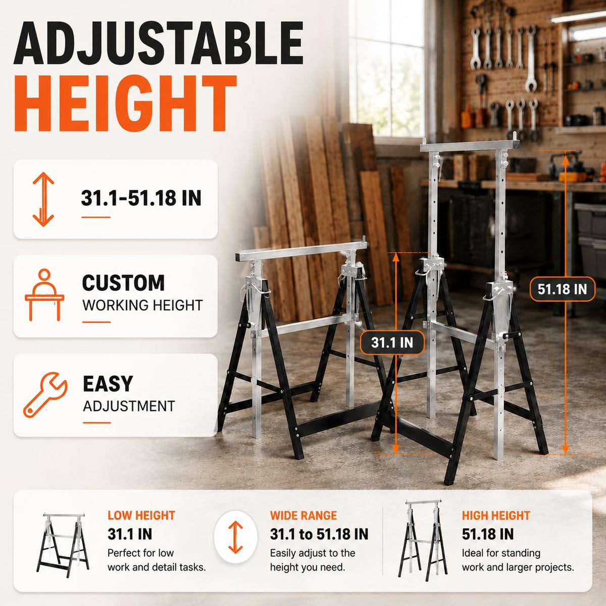 2 Pack Height Adjustable Folding Saw Horses E876