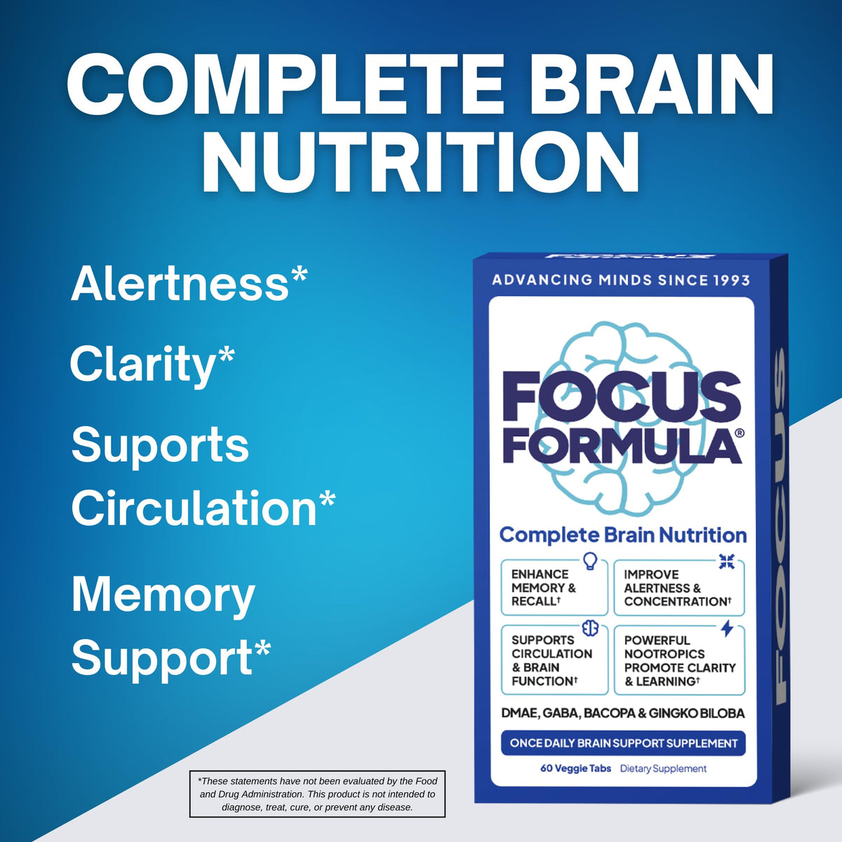 Brain Supplement with GABA DMAE and BACOPA, 60 Veggie Tablets W8660