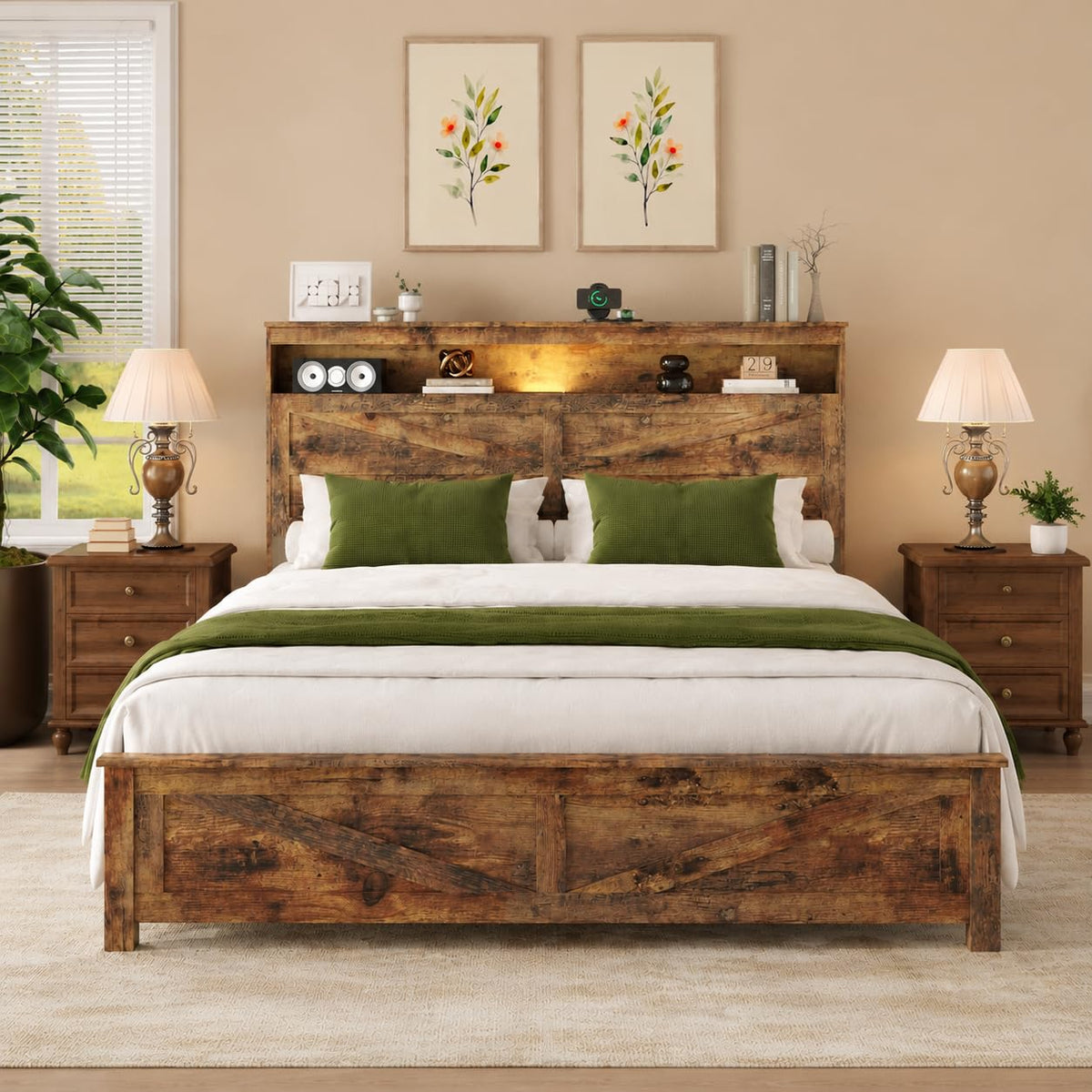 King Size Wood Platform Bed Frame with Headboard Storage Shelf P954914