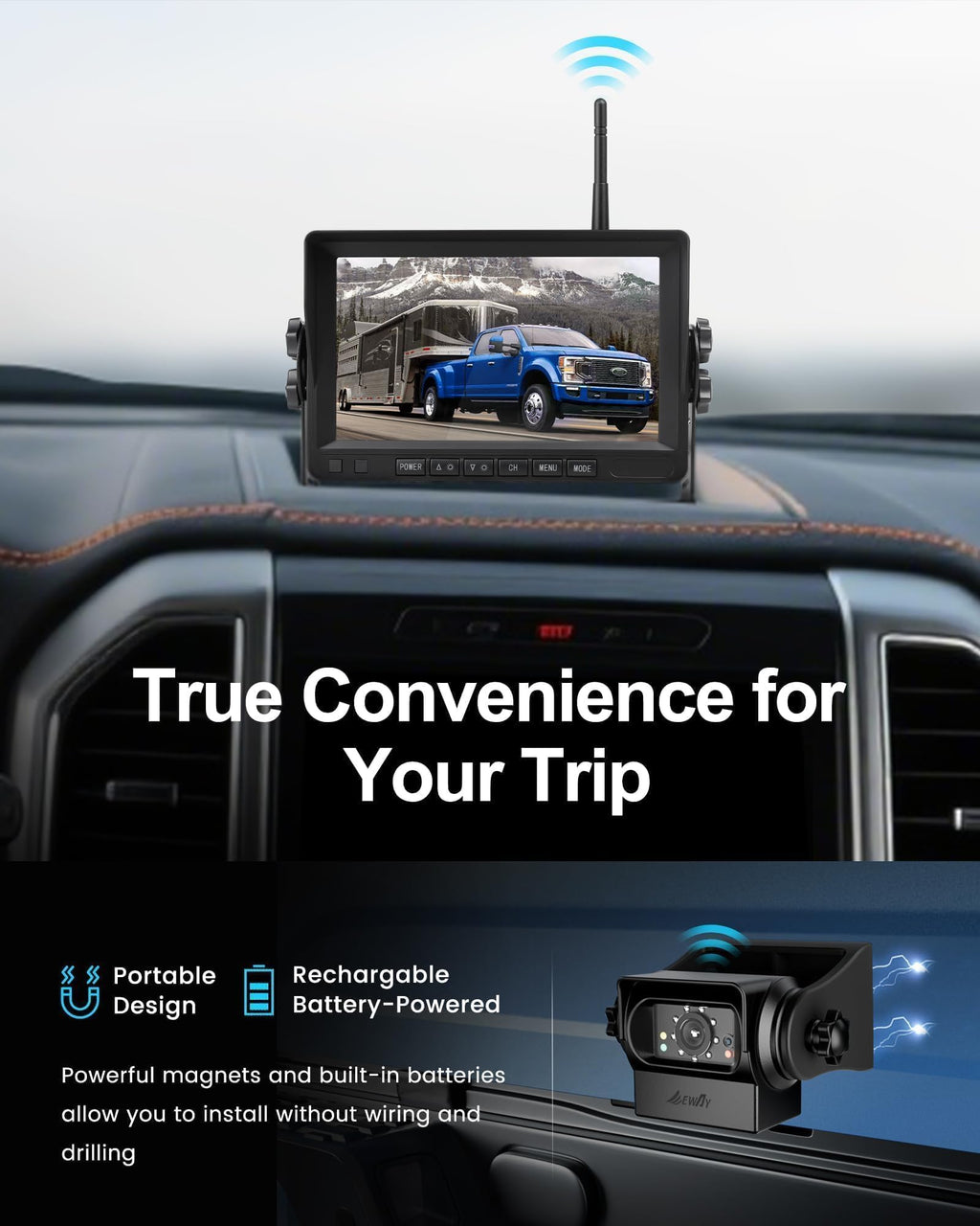 Wireless WiFi Magnetic Backup Camera 7" IPS Monitor HD 1080P Rechargeable Battery R680694
