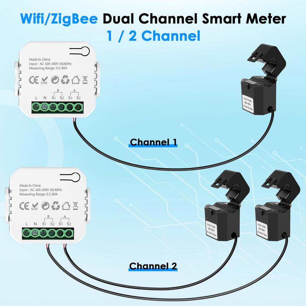 Smart Home Energy Monitor 2×80A Dual-Channel WiFi Energy Meter with App Control D7750