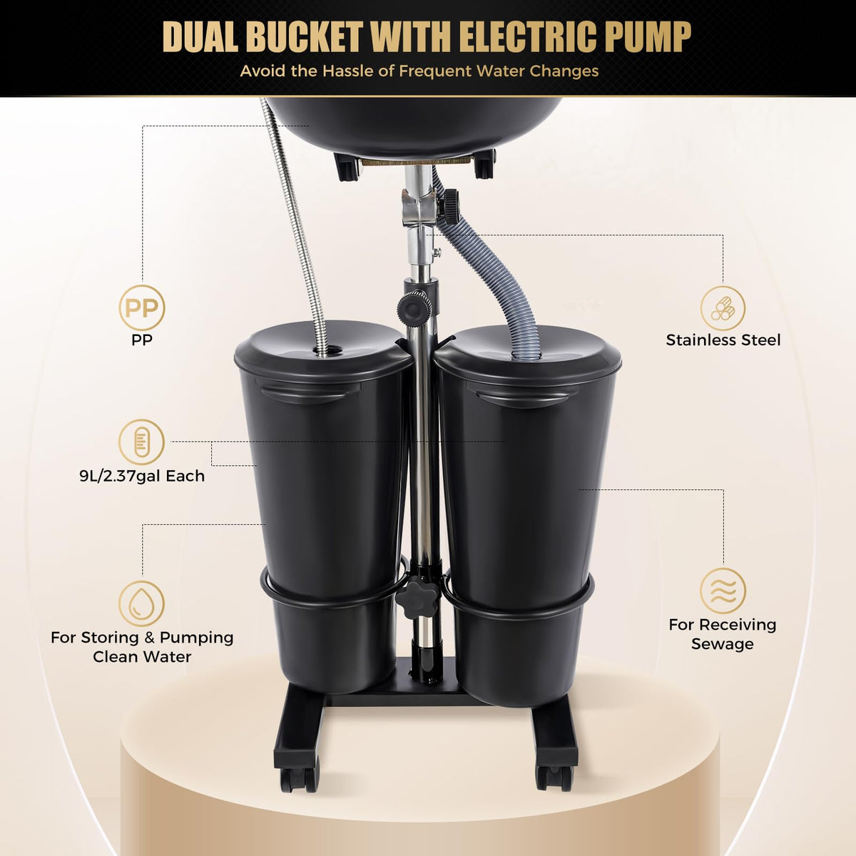 Portable Plastic Shampoo Basin with 2 Water Buckets and Wheels H250914