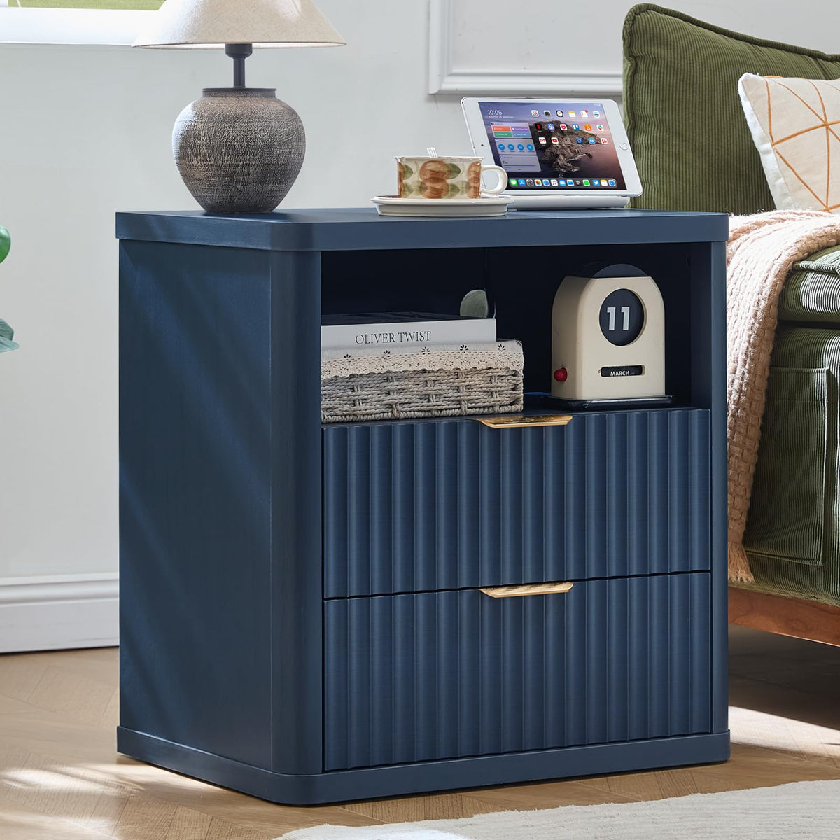 Blue 2 Drawer Fluted Nightstand with Charging Station T28449