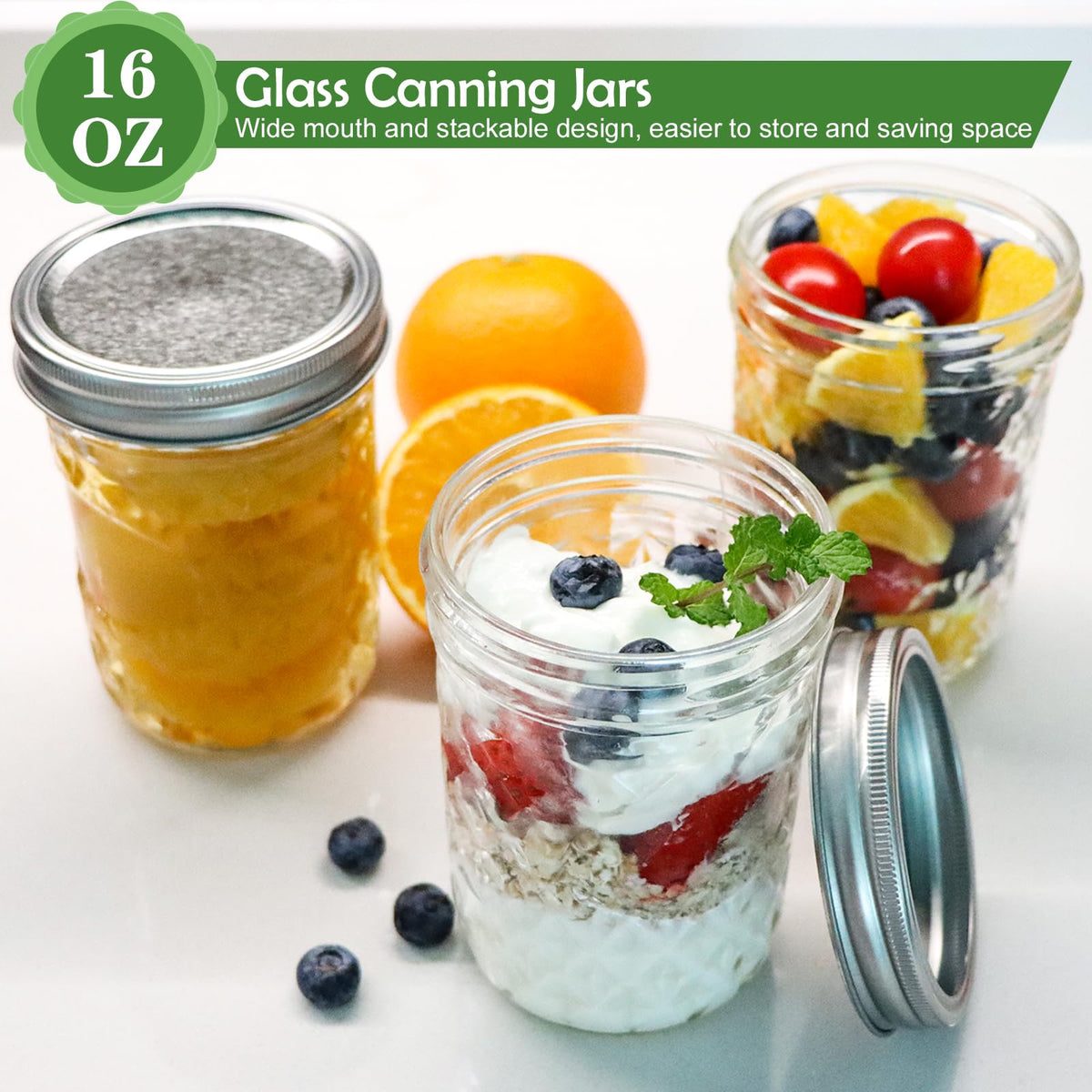 16oz Wide Mouth Mason Jars with Lids 6 Pack R28064