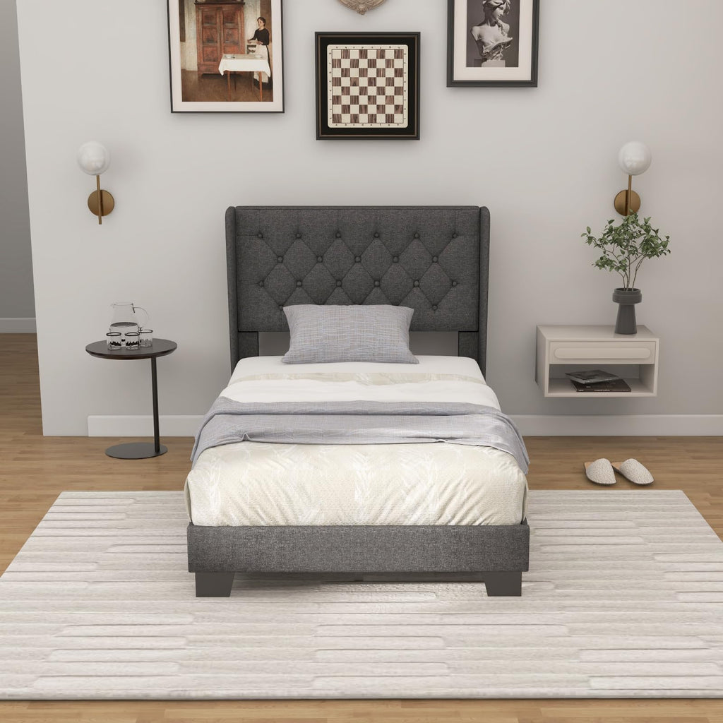 Twin Fabric Upholstered Platform Bed with Wingback Button Tufted Headboard P388