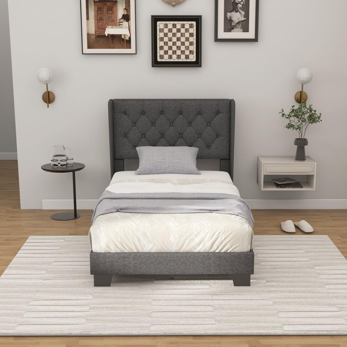 Twin Fabric Upholstered Platform Bed with Wingback Button Tufted Headboard P388