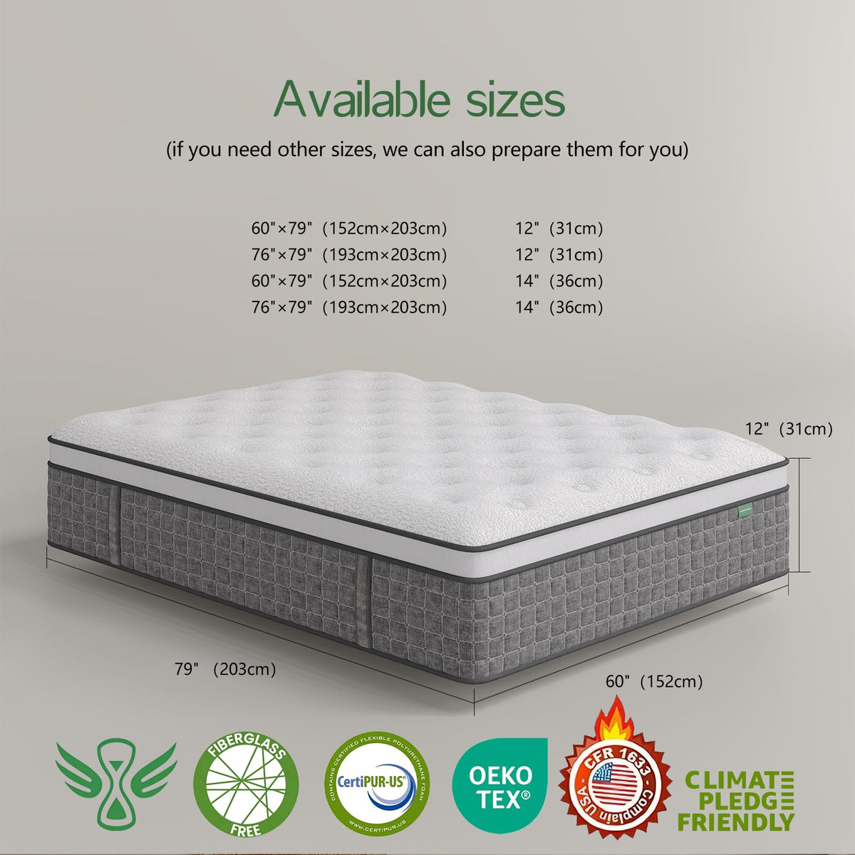 Full Size 12 Inch Medium Firm Hybrid Mattress in a Box I4624