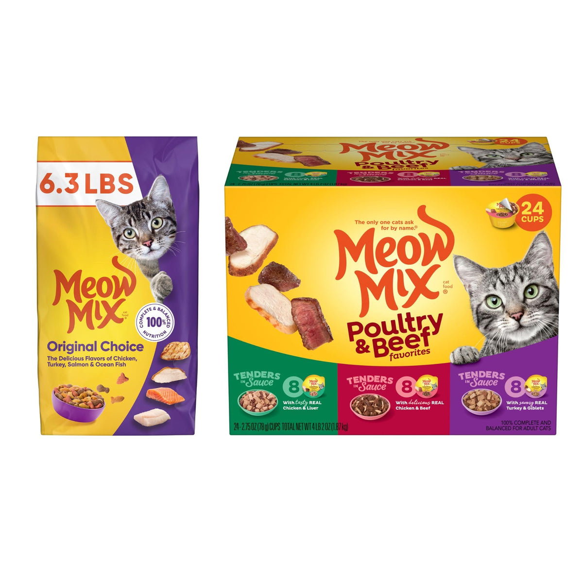 Dry Cat Food 6.3 Pound Bag + Wet Cat Food Variety Pack 2.75 Ounce Cups (Pack of 24) B22144