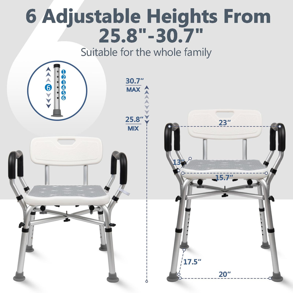 Adjustable Shower Chair with Arms & Back, 550 lb, Gray Q605