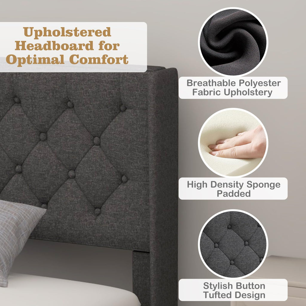 Twin Fabric Upholstered Platform Bed with Wingback Button Tufted Headboard P388