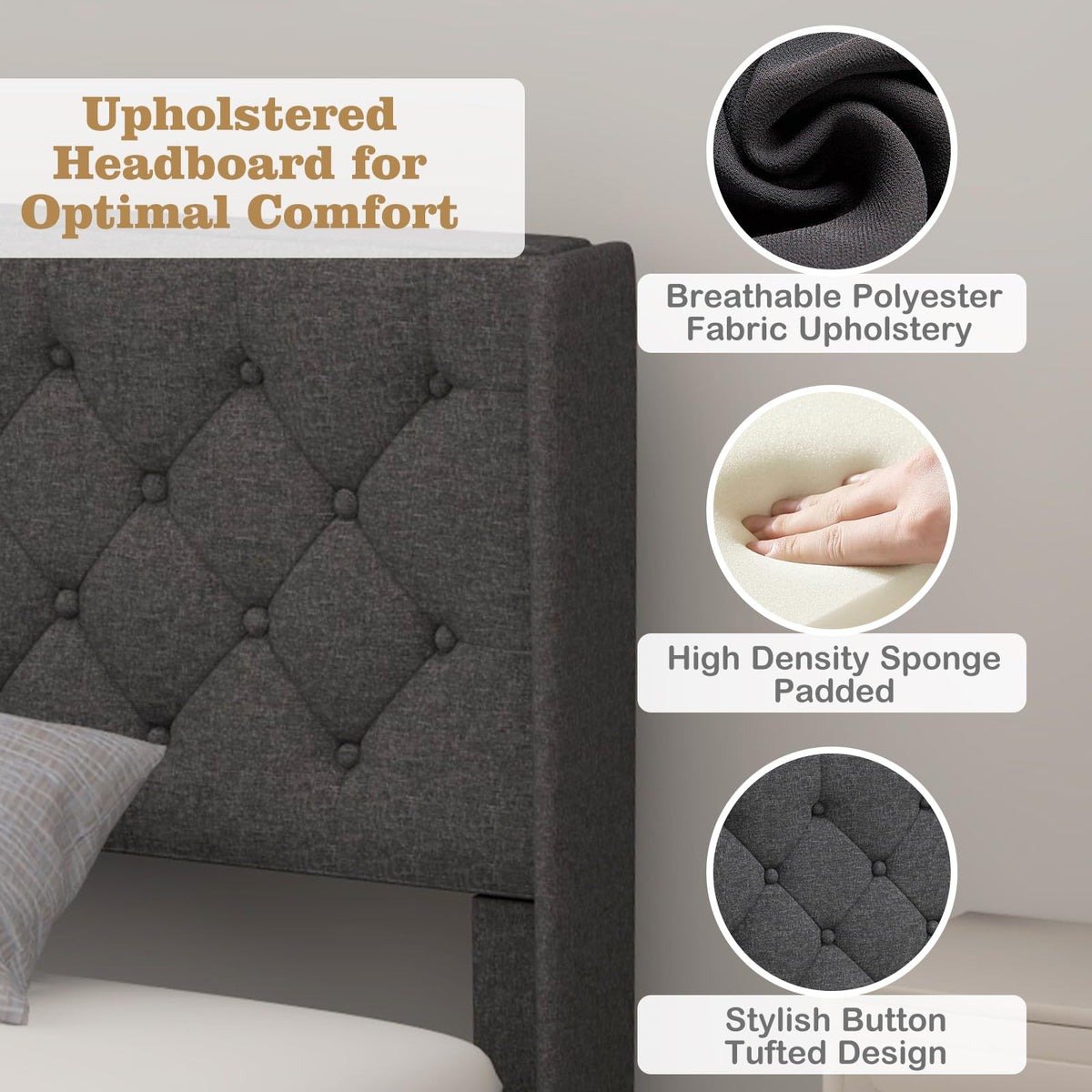Twin Fabric Upholstered Platform Bed with Wingback Button Tufted Headboard P388