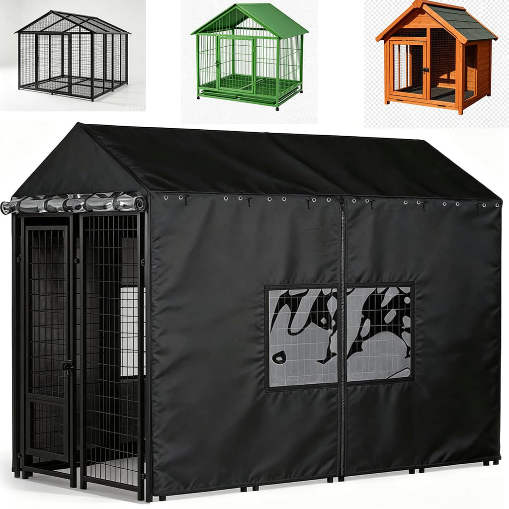 Outdoor Dog Kennel Cover with Clear PVC Windows & Roll-Up Panels H2801