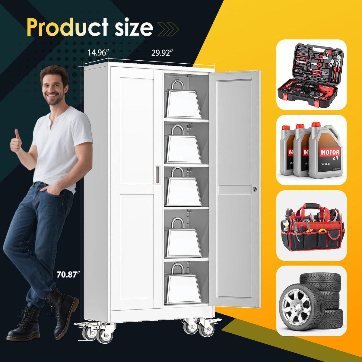 71''H White Metal Storage Cabinet with Wheels U3648