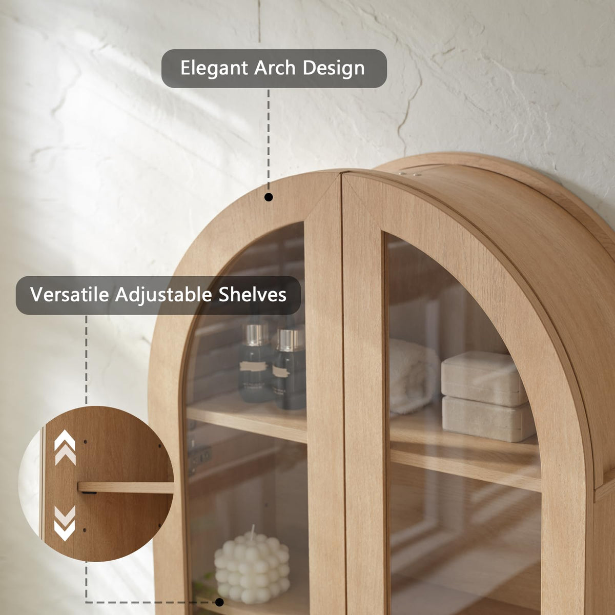 Arched Wall Mount Bathroom Cabinet with Glass Doors W6477
